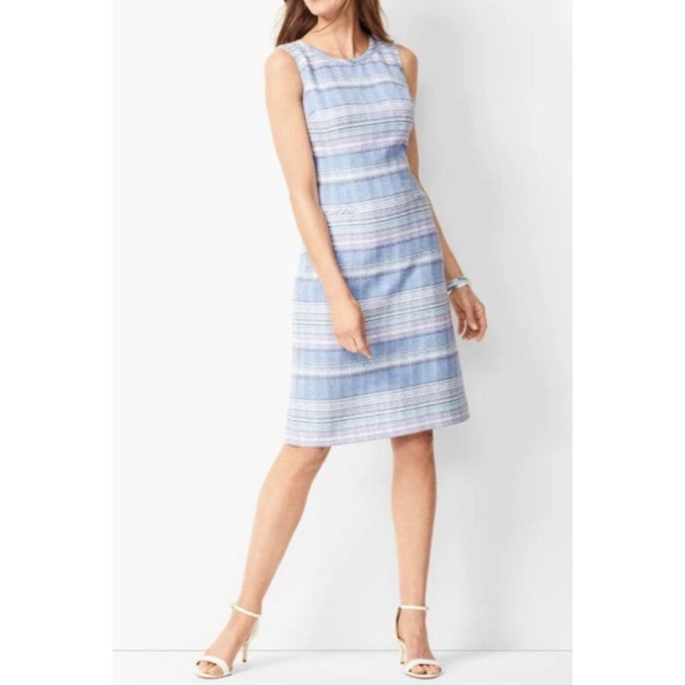 Talbots Dress Blue Brown White Pink 14P 14 P Textured Cotton Sheath Sleeveless